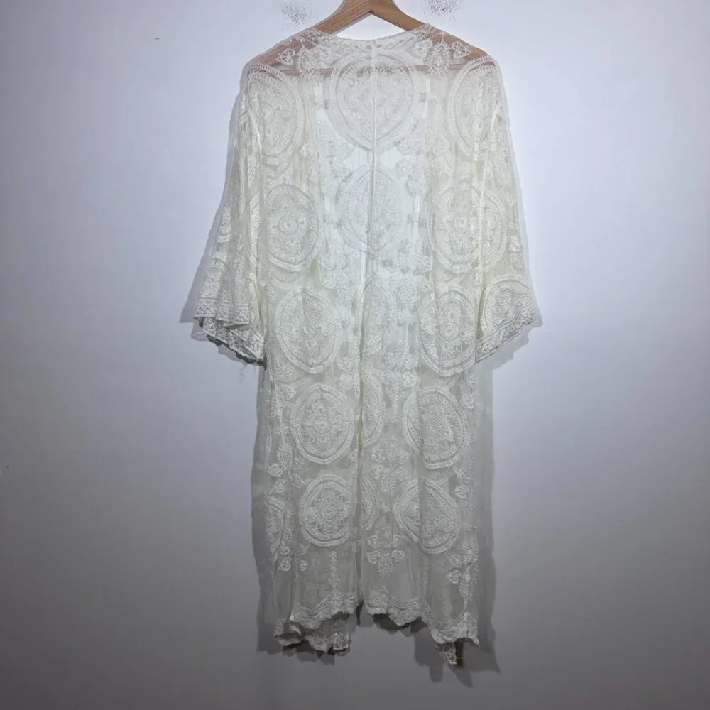 Womens White Lace Long Line Cardigan One Size Fairycore Boho Romantic - Picture 4 of 4